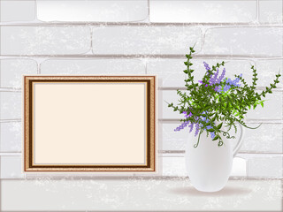 Gold decorated frame mockup with purple flowers in the pitcher vase isolated on white brick wall background. Empty frame mock up for presentation artwork. Template framing for modern art.