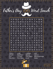 Father's Day word search puzzle. Crossword suitable for social media post.  For learning English words. Vector illustration