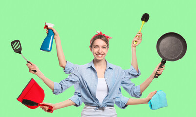 Multitask housewife with many hands holding different stuff on green background