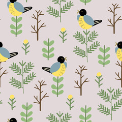 Seamless pattern with cute blue tit bird and green twigs and trees