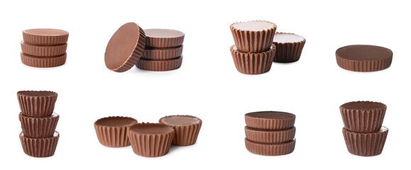 Set with delicious peanut butter cups on white background. Banner design