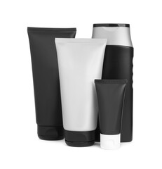 Facial cream and other men's cosmetic on white background. Mockup for design
