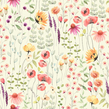  Floral seamless pattern with colorful wildflowers and abstract green plants. Watercolor print, summer background, decorative textile in rustic style.