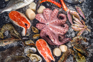 Set of various fresh raw seafood