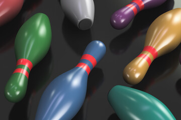 Scattered multi-colored bowling pins