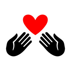 Hand icon with heart flat style sign for design. Charity symbol, logo illustration.