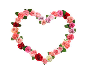 Heart made of beautiful roses on white background