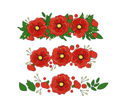 A diadem of poppies and leaves. Floral vector wreath. Decoration. Objects are isolated.