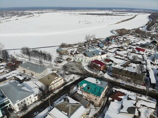 Aerial view of the local history museum in the city of Sovetsk in winter (Kirov region, Russia)