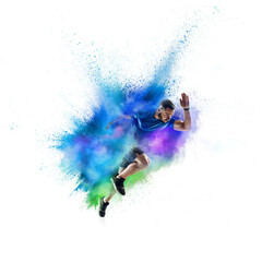 Obraz na płótnie Canvas One Caucasian sportsman in explosion of colored neon powder isolated on white background