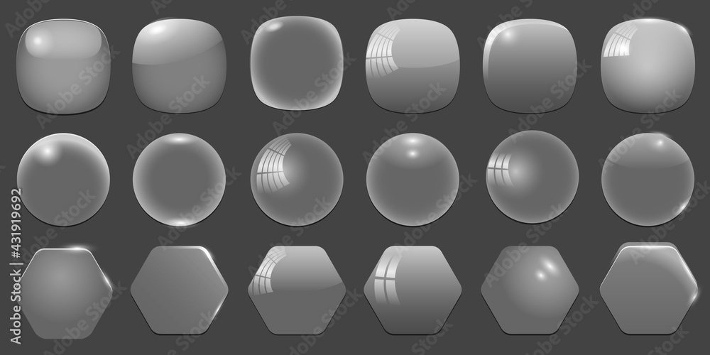 Sticker glass transparent empty frames for app icons, different shapes