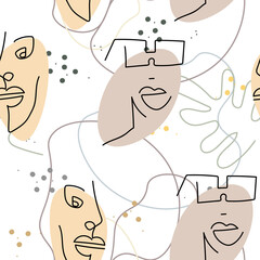 Woman Face line. Abstract drawing seamless pattern