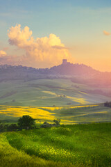 art sunset over Italy countryside landscape. farmland field