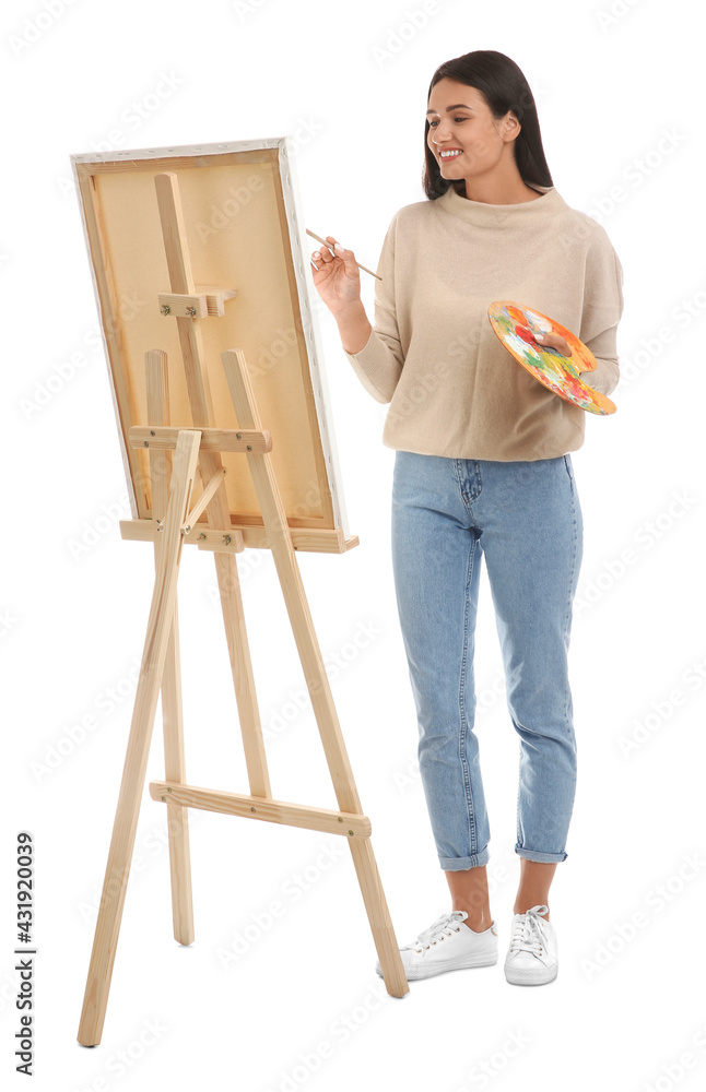 Sticker Young woman drawing on easel against white background