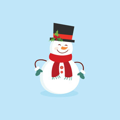 Funny cartoon snowman, postcard, illustration with a snowman on a blue background
