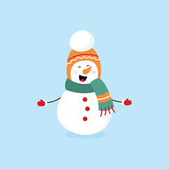 Funny cartoon snowman, postcard, illustration with a snowman on a blue background