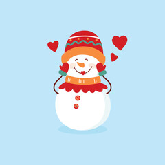 Funny cartoon snowman, postcard, illustration with a snowman on a blue background