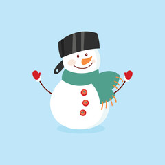 Funny cartoon snowman, postcard, illustration with a snowman on a blue background