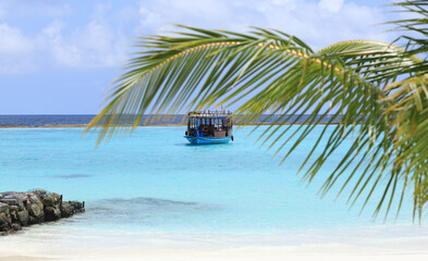 wooden boat and palm trees on a tropical island in the Indian Ocean