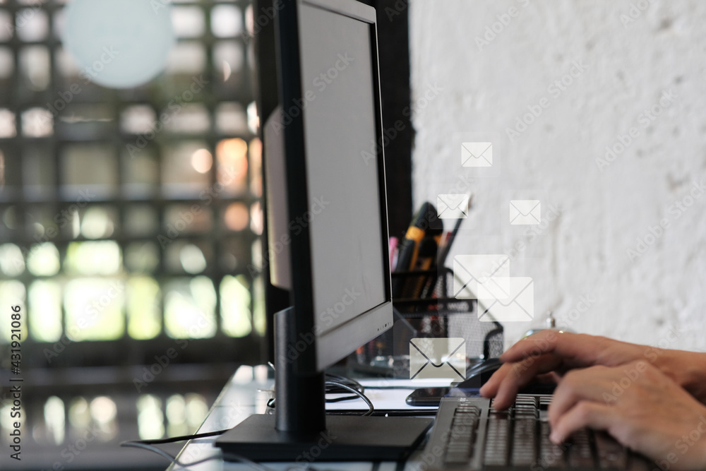 Poster man working on laptop computer and email marketing concept, send e-mail or newsletter