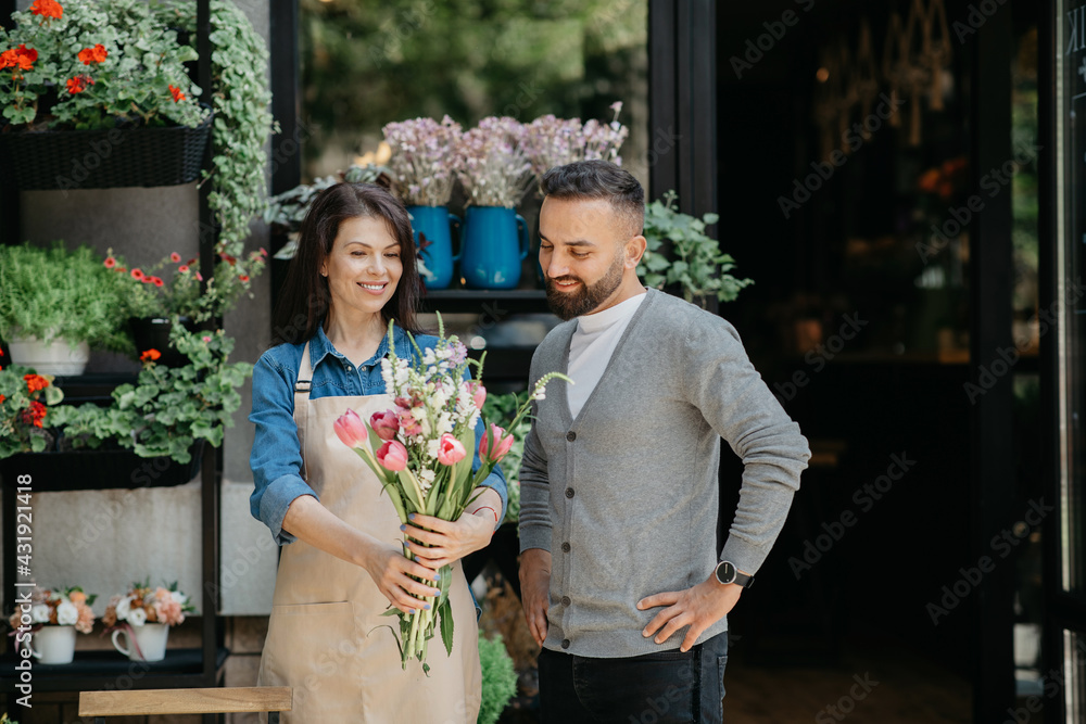 Poster Small business and commerce, florist make bouquet for client outdoor