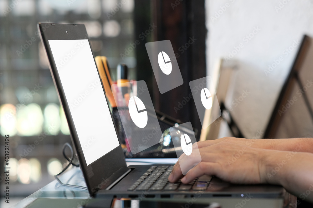 Poster man using on laptop computer and management digital data concept