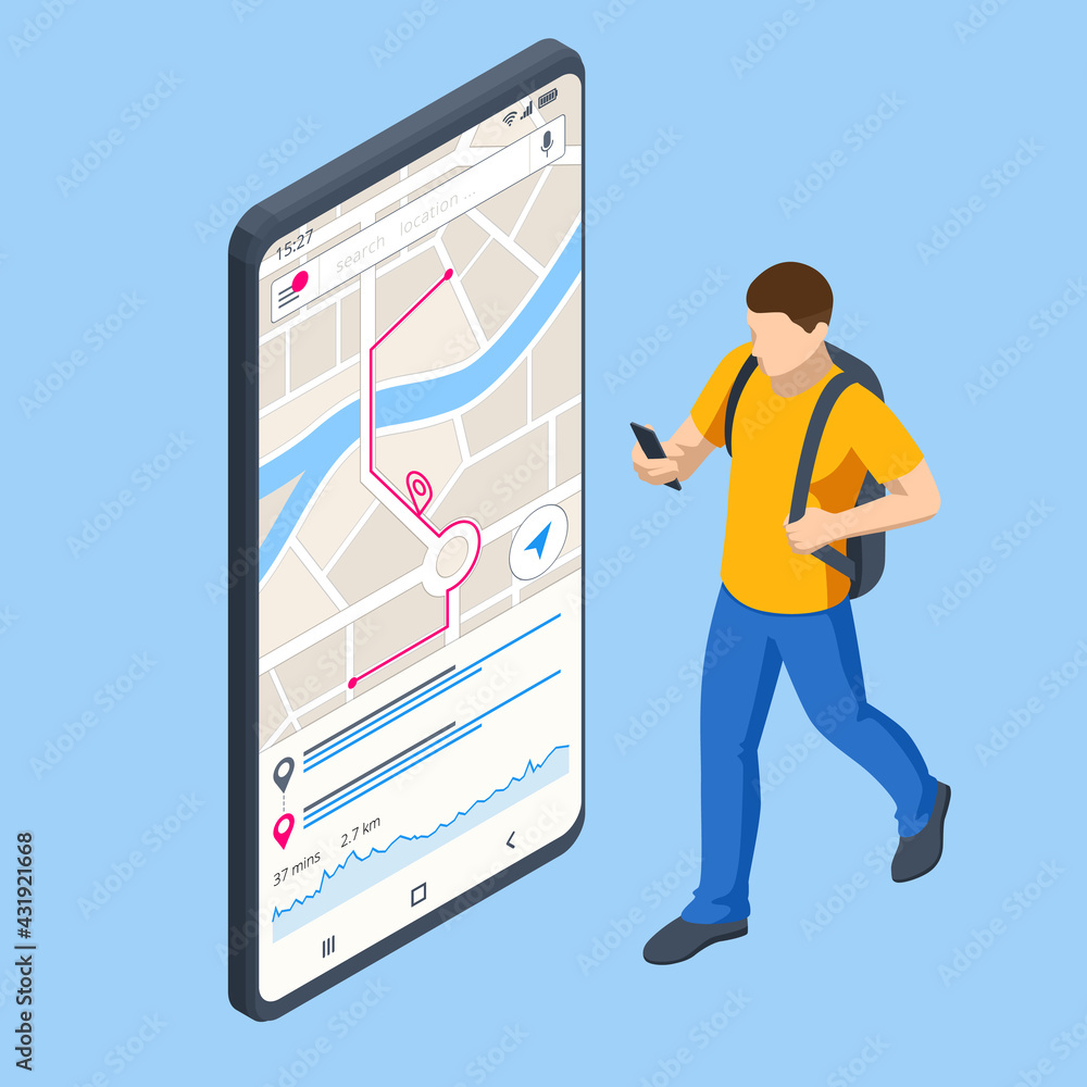 Poster isometric gps navigation concept. tourist traveling using his smartphone with previously saved favor