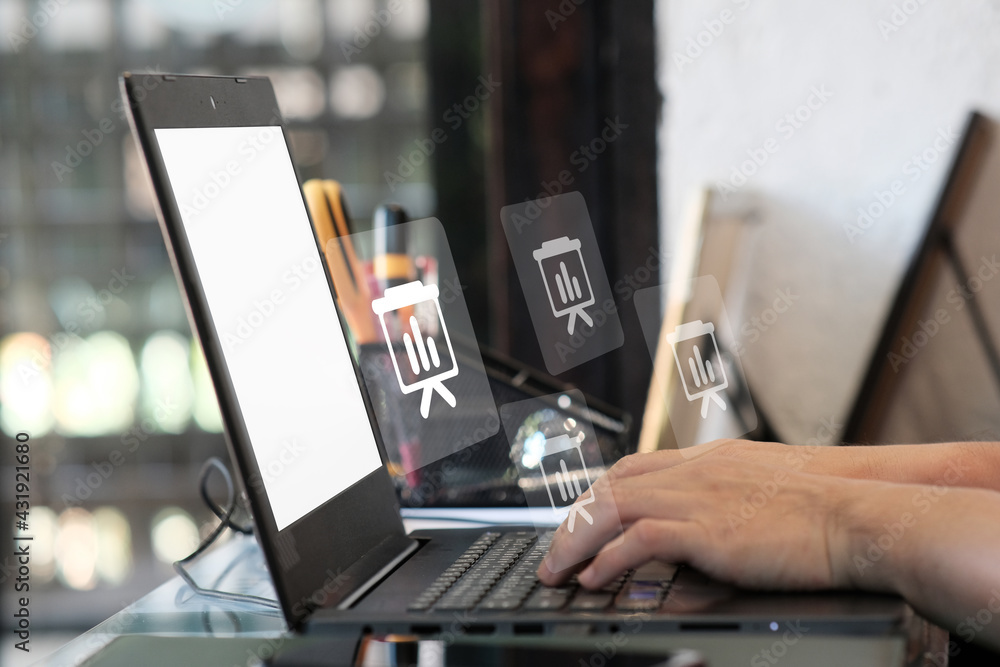 Poster man using on laptop computer and management digital data concept
