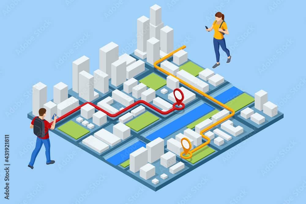 Poster isometric gps navigation concept. tourist traveling using his smartphone with previously saved favor