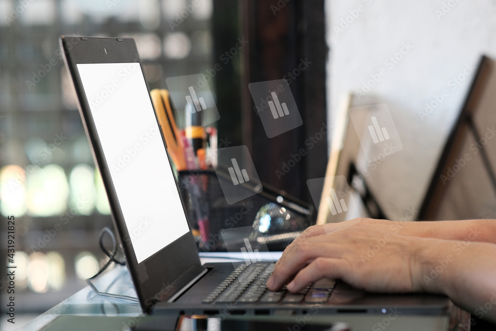 Poster man using on laptop computer and management digital data concept
