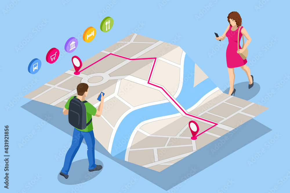 Poster isometric gps navigation concept. tourist traveling using his smartphone with previously saved favor