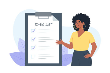 To-do list, young woman puts check marks in front of completed tasks