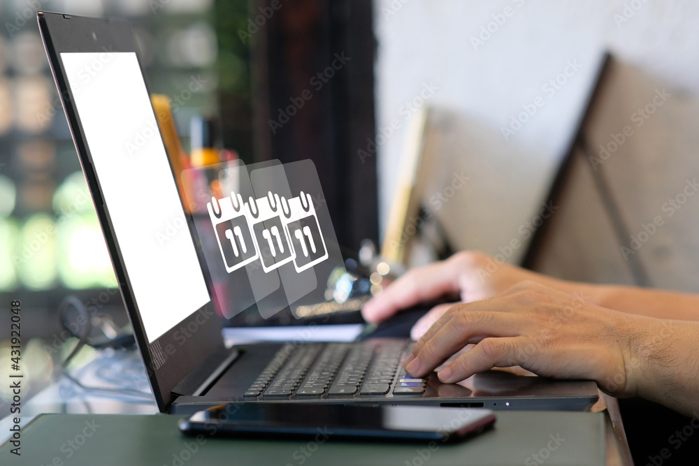 Poster businessman working laptop computer with big data analytics visualization technology with business a