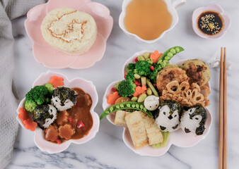 Healthy homemade food packed in lunch box / Penguin Onigiri with Japanese Curry & Side Dishes Teishoku / Healthy and delicious non greasy spicy meal
