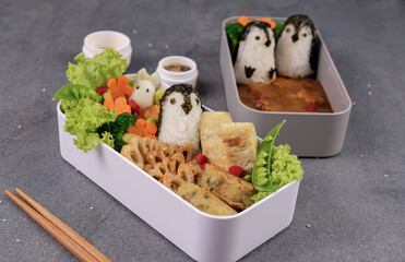 Healthy homemade food packed in lunch box / Penguin Onigiri with Japanese Curry & Side Dishes Bento...
