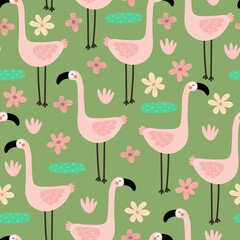 Seamless pattern with cartoon flamingo, flowers, decor elements.  colorful vector for kids. hand drawing, flat style. baby design for fabric, print, textile, wrapper