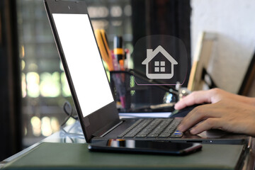 Person using on laptop computer and management digital data concept