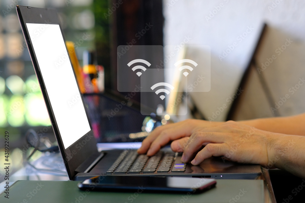 Poster businessman working laptop computer with big data analytics visualization technology with business a