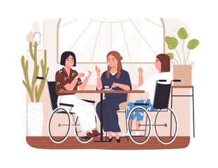 Disabled people in cafe. Concept of wheelchair users inclusion. Diverse friends chatting at table in coffee shop. Young modern women in wheel chair. Flat vector illustration isolated on white