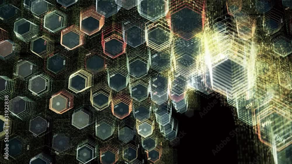Poster abstract bending field of colorful hexagons rotating and forming a spiral. animation. curving textur