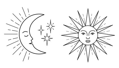 Set of antique sun and moon symbols with face.