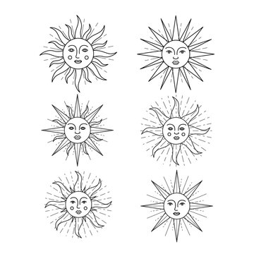 Set of antique sun symbols with face.