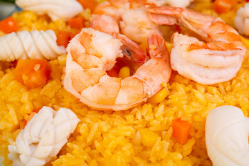 boiled shrimp, boiled squid, boiled carrots, rice, corn