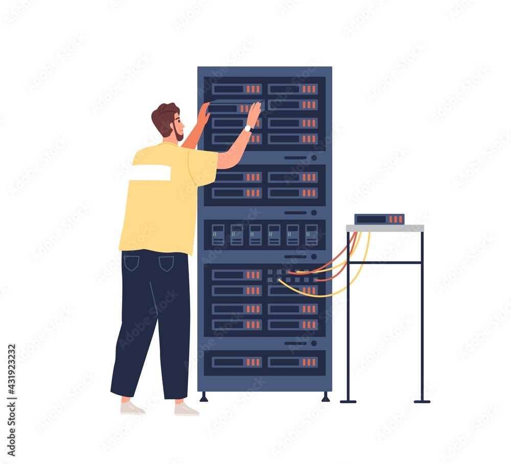 Poster Sysadmin maintaining work of server cabinet, repairing and adjusting network connection. Engineer working with switchboard. Colored flat vector illustration of technician isolated on white background
