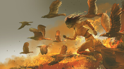 woman running among the fire birds, digital art style, illustration painting © grandfailure