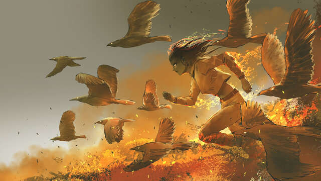 Fototapeta woman running among the fire birds, digital art style, illustration painting