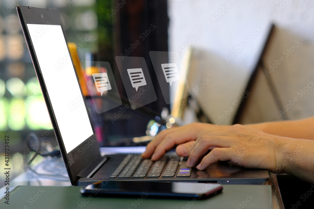 Poster man using on laptop computer and management digital data concept