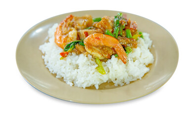Rice topping with stir fried shrimps with basil, focus selective