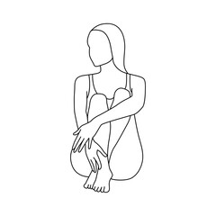 Linear female figure in swimsuit. Young woman sitting and sunbathing.