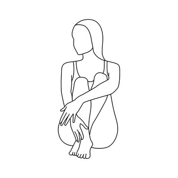 recommend clip art: Linear female figure in swimsuit. Young woman sitting and sunbathing.